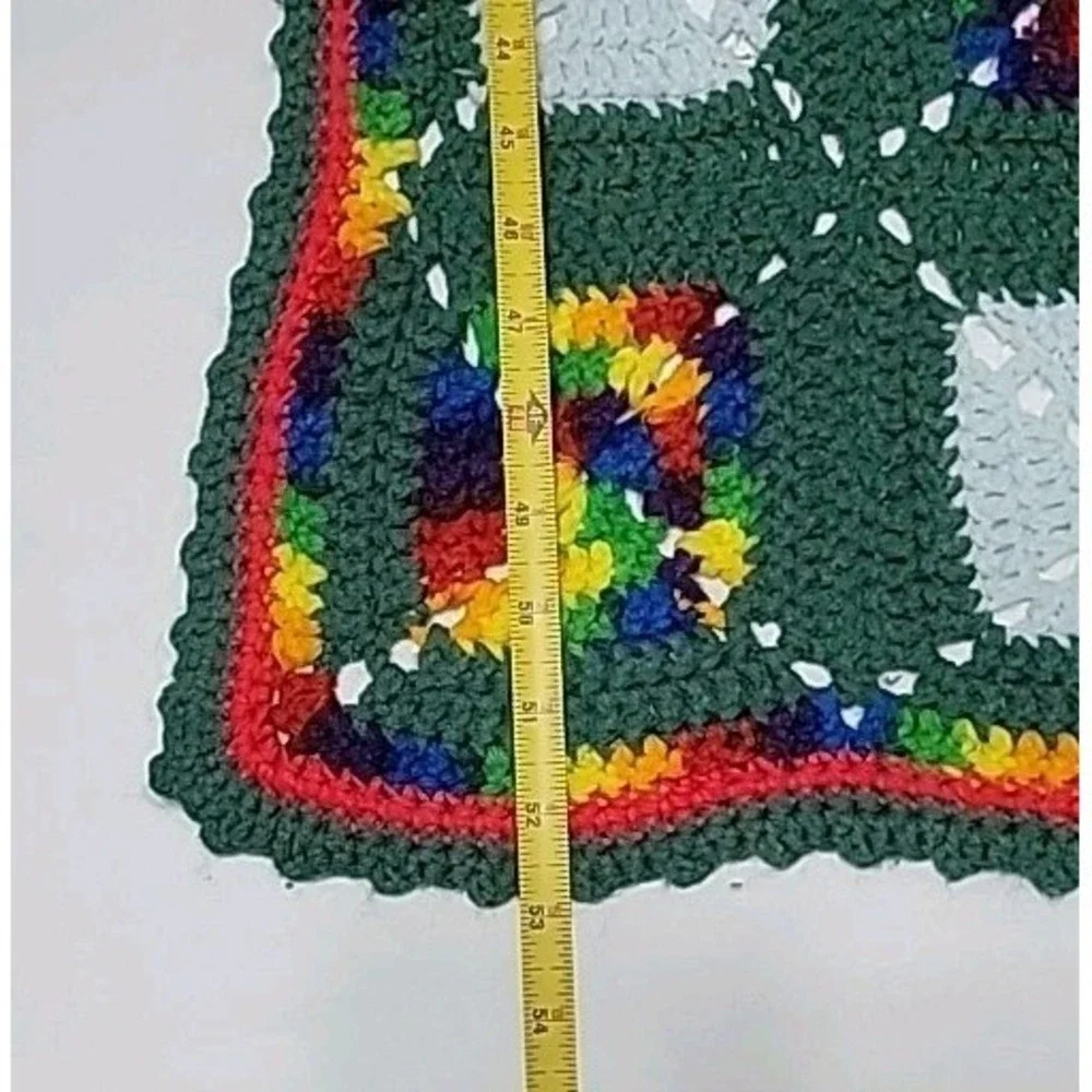 Crocheted‎ Afghan, Handmade Granny Square, Primary Color Green, 36 X 52